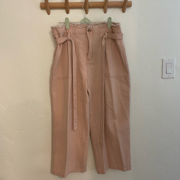Blush pink high waisted wide/straight leg jeans with tie belt - size large - Picture 2 of 4